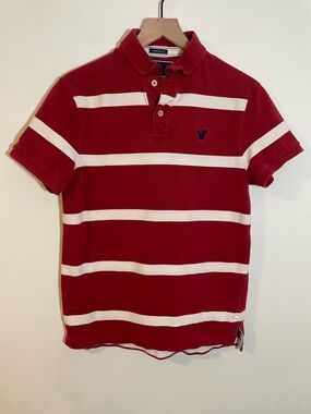American Eagle Outfitters Red White Stripe Y2K Polo Shirt Sz Medium Athletic Fit